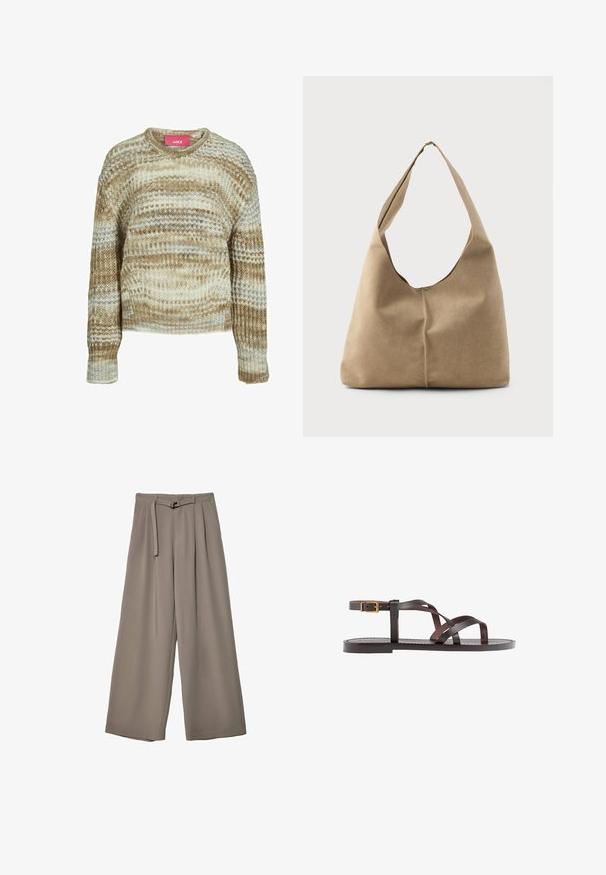 Maglione lavorato a maglia marrone e beige con una texture a coste, scollatura tonda e maniche lunghe. Presenta strisce ondulate nelle tonalità chiare e scure.; Pantaloni a gamba larga in un morbido tessuto grigio tenue, con vita con cintura e pieghe per un tocco di design aggiuntivo. Texture liscia, senza motivi.; Sandal in pelle marrone con cinturini incrociati, chiusura con cinturino alla caviglia e suola piatta con dettagli di cucitura minimi.; Borsa hobo in morbido suede beige con una forma scomposta, ampia tracolla e un dettaglio di cucitura a mano lungo la parte anteriore.