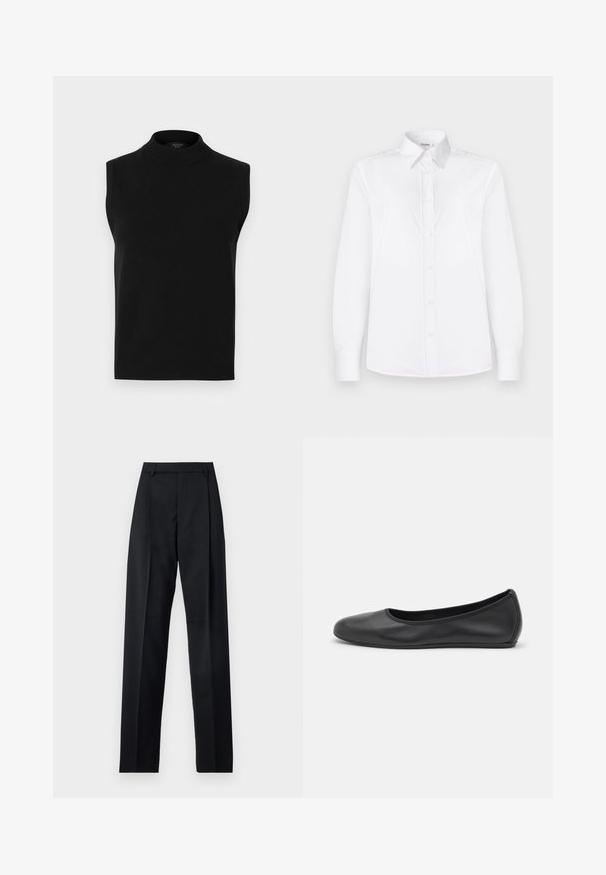 Black sleeveless turtleneck top made of smooth knit fabric, featuring a high collar and ribbed hem, versatile for layering.; White long-sleeve shirt made of smooth fabric, featuring a collared neckline and a button front with light pink buttons.; Black trousers made from smooth fabric featuring a high waist, wide legs, front pleats, and classic belt loops. No side pockets visible.; Black leather ballet flat with a rounded toe, smooth texture, minimal stitching detail, and a flexible sole design.