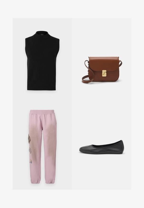 Schwarzes ärmelloses Rollkragenoberteil aus glattem Strickstoff, mit hohem Kragen und geripptem Saum, vielseitig für das Schichten.; Weißes kurzärmliges T-Shirt aus geripptem Stoff. Runder Halsausschnitt, normale Passform und dezente Nähte. Keine Muster oder Grafiken.; Rosa Sweatpants mit elastischem Bund, verziert mit dekorativen Patches in Diamantform auf der linken Seite und elastischen Bündchen an den Knöcheln.; Schwarze Leder-Ballettschuhe mit abgerundeter Spitze, glatter Textur, minimalen Nähdetails und einem flexiblen Sohlen-Design.; Braune Ledertasche mit Klappenverschluss, Beschlägen in Goldfarbe, einem Schultergurt und einer glatten Oberfläche. Kompakte rechteckige Form.