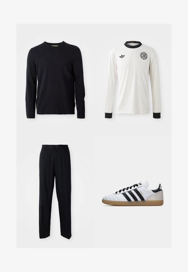 Fekete, hosszú ujjú, kerek nyakú pulóver, egyszerű dizájnnal, fehér háttér előtt bemutatva, a gallér belsejében egy diszkrét márkajelzéssel.; Fehér hosszú ujjú focimez, bordázott textúrával, fekete gallérral és mandzsettákkal, fekete Adidas logóval és kerek grafikai emblémával.; Fekete, egyenes szárú nadrág övhurkokkal, gombos záródással és letisztult, minimalista dizájnnal, semleges háttér előtt.; Fehér Adidas Samba sneaker fekete csíkokkal, fekete fűzőkkel, bézs velúr sarka és gumírozott talpa, bal oldali profilban bemutatva.