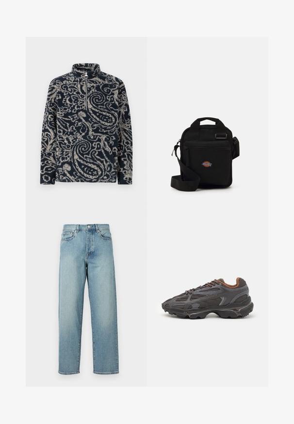 Pullover de polar azul-marinho com um padrão paisley em bege. Apresenta um colar alto e fecho de meia altura. Textura suave e ajuste relaxado.; Camisola preta de manga longa feita de algodão, com decote redondo e um pequeno logótipo de crocodilo bordado em verde no lado esquerdo do peito.; Jeans de denim azul claro com um corte solto, pernas retas, design de cinco bolsos e fecho de botão na cintura. Detalhe de costura minimalista.; Ténis Lacoste em cinza-escuro com material em malha e sintético, apresentando uma sola texturizada e detalhes castanhos na gola e na marca.; Bolsa transversal preta com um bolso com fecho, forma retangular, feita de tecido, apresentando um patch de logo na frente, alça de ombro ajustável.