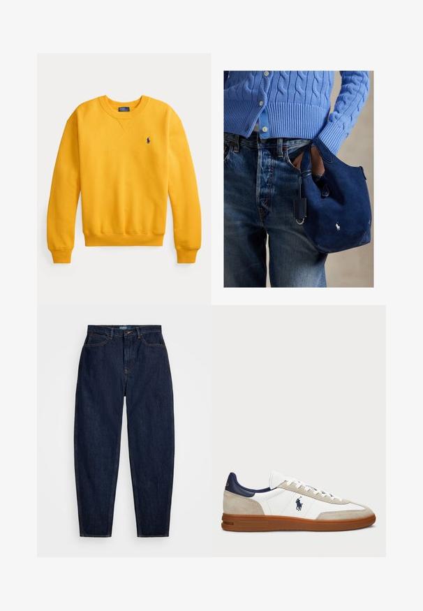 Yellow sweatshirt featuring ribbed cuffs and hem, crew neck design, and a small blue logo on the chest. Made from soft cotton material.; Dark blue denim jeans with a straight-leg fit, featuring orange stitching, a front button closure, and five pockets.; White and beige sneakers with a suede and leather upper, navy accents, and a brown rubber sole. Features logo on the side and lace-up design.; Navy suede handbag with soft texture, dual handles, and a small attached tag. Features a white logo on the front and a rounded bottom.