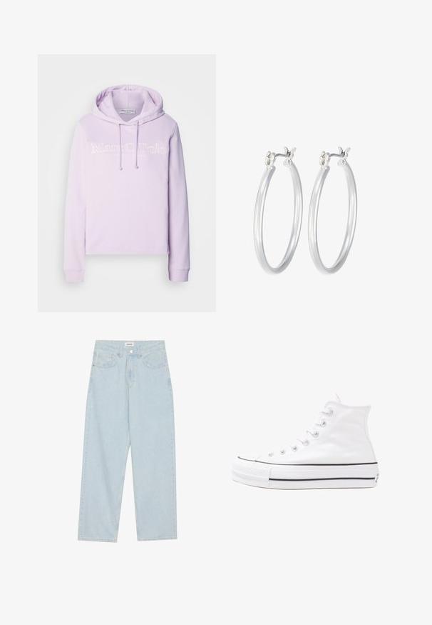 Marc O'Polo LONG SLEEVE HOODED LOGO PRINT - Felpa - faded lilac; Jeans azzurri a gamba larga in denim, con vita media, cinque tasche e chiusura con bottone accompagnata da un sottile accento metallico.; Sneaker alta in tela bianca con suola in gomma nera, punta in gomma frontale e sei asole per i lacci, caratterizzata da un design pulito e minimalista.; Orecchini a cerchio in argento con una finitura liscia e lucida. Forma rotonda e chiusura a scatto sicura. Design leggero adatto per l'uso quotidiano.