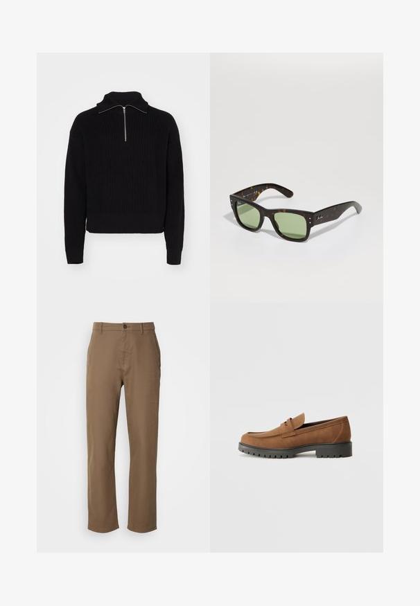 Weekday BLEND HALF ZIP  - Jumper - black; Brown, cotton trousers with a straight fit, button closure, and side pockets. Features a smooth texture and simple, unembellished design.; Brown suede loafers with a rounded toe and a low black rubber sole, featuring a decorative strap and stitching details on the upper.; Brown tortoiseshell sunglasses with green lenses, square shape, and metal accents. Features logo on the left temple. Matte finish.