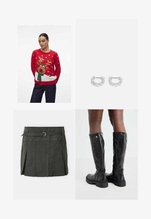 Crvena božićna džemper s bijelim točkicama, uzorak s jelenom koji ima crveni nos i zeleni prugasti šal, izrađen od pletene tkanine.; Tamnozelena pamučna mini suknja s uskim strukom, remenom i prednjim plisama. Sadrži detalje šivanja i klasičan kroj.; Crne kožne čizme do koljena s glatkom teksturom, okruglim vrhom, debelim potplatom i zatvaranjem na patentni zatvarač. Sadrže srebrni logo sa strane.; Srebrne naušnice s okruglom petljom koje sadrže prozirne, pravokutne i trokutaste kristale raspoređene u uzorak. Kopče za sigurno pričvršćivanje.
