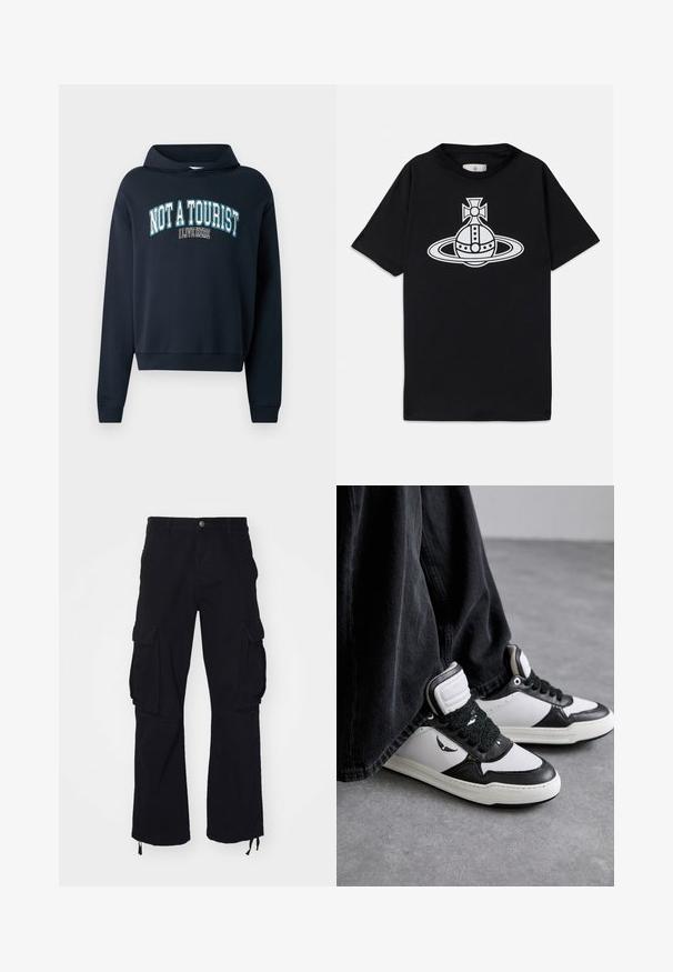 Granatowy krótkowłosy sweatshirt z kapturem. Zawiera graficzny napis "NIE JESTEM TURYSTĄ, MIESZKAM TU" w jasnoniebieskim i białym kolorze. Żebrowane mankiety.; Czarny bawełniany t-shirt z krótkimi rękawami, z białym graficznym wzorem przedstawiającym planetę z pierścieniami oraz krzyżem na górze.; Czarne spodnie cargo wykonane z bawełny, z dwoma dużymi bocznymi kieszeniami, dolnym ściągaczem i prostym krojem nogawki.; Czarno-białe sneakersy typu high-top z fakturowanym czarnym detalem w postaci sznurowadeł, wykonane z materiału skórzanego i syntetycznego, z logo po boku.