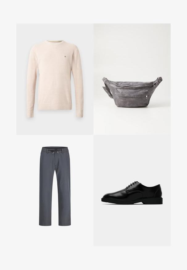 Beige pletený sveter s dlhým rukávom, s okrúhlym výstrihom a malým hnedým vyšívaným logom na ľavej hrudi, zobrazený na jednoduchom pozadí.; Sivé nohavice s elastickým pásom a šnúrkou na stiahnutie. Priamy strih, vyrobené z hladkej tkaniny, s minimálnym prešívaním a bez viditeľného hardvéru.; Čierne kožené spoločenské topánky s hladkým povrchom, zaoblenou špičkou, viazaním a nenápadnou gumovou podrážkou pre lepšiu trakciu.; Sivá semišová ľadvinka s okrúhlym tvarom, dvoma zipsovými priehradkami a nastaviteľným popruhom. Obsahuje kovové prvky.