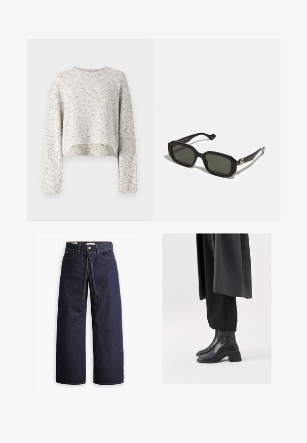 Light gray, cropped sweater with long sleeves, textured knit pattern, and subtle darker flecks throughout. Round neckline and relaxed fit.; Wide-leg dark blue denim jeans with a high waist, featuring a drawstring tie, five pockets, and contrasting stitching details.; Black leather ankle boots with a square toe and chunky heel, worn with loose black trousers and a dark gray coat. Smooth surface texture.; Black rectangular sunglasses with solid green lenses, featuring a glossy finish and a gold logo accent on the side.
