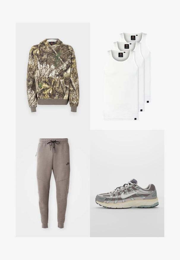 Kamouflage hoodie med en strukturerad tyg som visar jordnära nyanser av brunt och grönt, mönstrad med detaljer av löv och bark, och en framficka.; Tre vita ribbade linnen i bomull. Har rund halsringning och små svarta etiketter vid fållen. Finns i flera storlekar.; Grå Nike sweatpants med dragsko i midjan, avsmalnande ben, sidofickor och tydlig sömdekoration. Mjuk, strukturerad tyg.; Grå atletiska sko med en överdel av mesh och mocka, vita accenter, en vadderad sula och en unik design med reflekterande element.