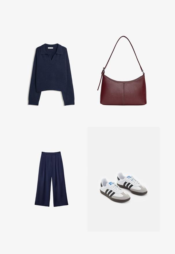 Granatowy dzianinowy sweter z długim rękawem, z prążkowanym dołem i mankietami oraz otwartym kołnierzem.; Granatowe spodnie typu wide-leg z plisami, zapinane w pasie na guziki, z szlufkami na pasek, pokazane na płasko na białym tle.; Buty sportowe z białą skórzaną cholewką, szarym zamszowym noskiem i trzema czarnymi paskami. Posiadają niebieskie logo na języku oraz teksturowaną gumową podeszwę.; Bordowa torebka skórzana o zaokrąglonym kształcie, z jednym paskiem na ramię i przeszyciami w centrum. Gładka faktura, minimalna ilość elementów metalowych.