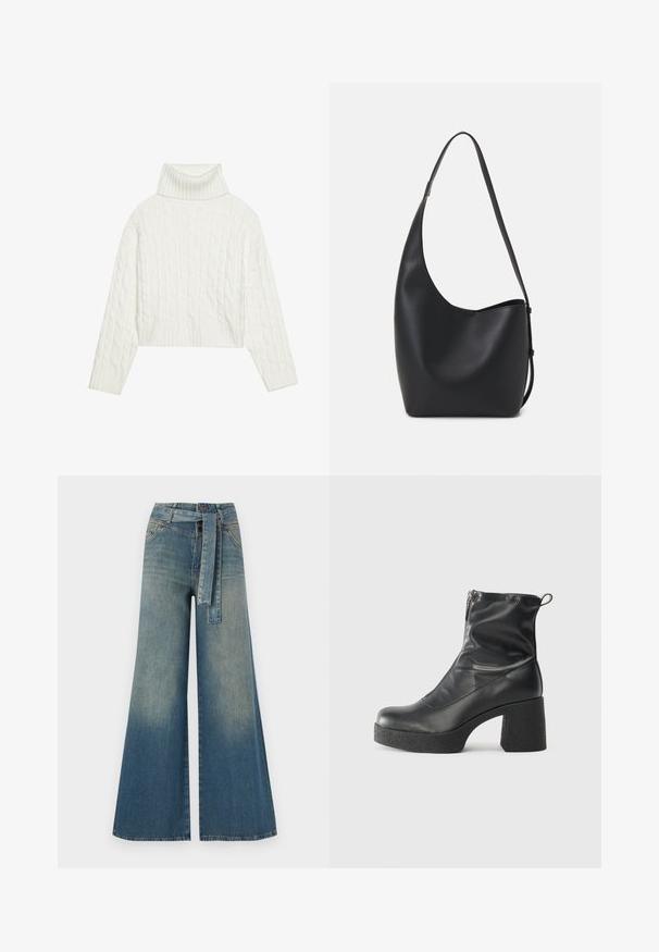 Pull à col roulé en maille blanche, avec une coupe courte, doté de poignets et d'un ourlet côtelés. Texture douce avec un design épais et confortable.; Pantalons en denim à jambe large présentant un dégradé de bleu clair à bleu foncé, taille haute, passants de ceinture et une ceinture en tissu assortie. Finition en denim texturé.; Bottes noires à la cheville en cuir lisse, dotées d'une fermeture éclair sur le côté, d'un talon épais texturé et d'une conception à bout rond.; Sac hobo en cuir noir avec une texture lisse, une forme incurvée et une seule sangle réglable ; dispose d'une large ouverture en haut.