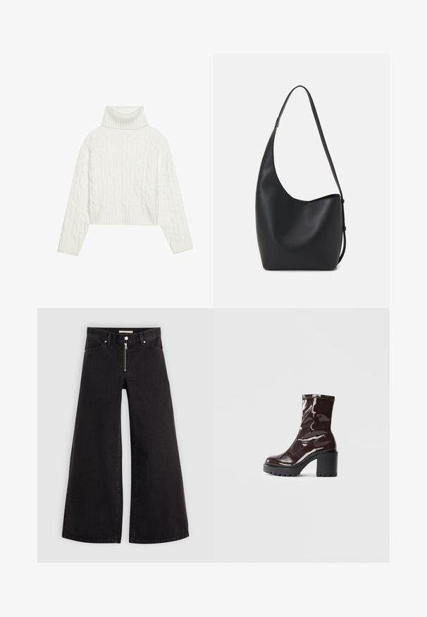 Valge kaelustega soonikkoes kampsun, millel on lühendatud siluett, rõhutatult soonikuga mansetid ja alläär. Pehme tekstuur ja mugav, paks disain.; Laiad teksad mustast denimist, millel on lukuga eesmine osa, viie taskuga disain ja peened õmblusdetailid. Sile tekstuur ja juhuslik stiil.; Klakav läikiv burgundi värvi pahkluu saabas, millel on paks must konts, sile tekstuur ja lihtne disain. Nähtavad kinnitused või mustrid puuduvad.; Mustast nahast hobo kott, millel on sile tekstuur, kumer kuju ja üks reguleeritav rihm; peal on lai avaus.