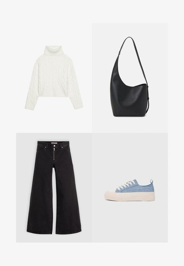 Balta adīta turtleneka džemperis ar īsu siluetu, ar ribotām piedurknēm un apakšmalu. Mīksta tekstūra ar ērti, masīvu dizainu.; Platas kājas džinsi melnā džinsa audumā ar rāvējslēdzēju priekšā, piecu kabatu dizains un smalkas šuvju detaļas. Gluda tekstūra un ikdienišķs stils.; Gaiši zili kanvas sneakeri ar krēmkrāsas gumijas pirksta aizsargu un ārējo zoli, aprīkoti ar baltām šņorēm un cilpu uz papēža.; Melnas ādas hobo soma ar gludu tekstūru, izliekta forma un vienu regulējamu jostu; augšā ir plaša atvere.