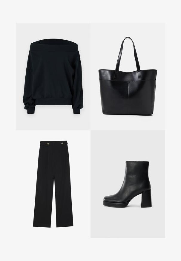 Sweatshirt preto com ombros à mostra, com mangas longas e volumosas e punhos canelados. Feito de um tecido suave com um corte solto. Design simples.; Calças largas pretas com cintura alta, detalhes em botão na cintura e pregas frontais.; Bota de couro preta até ao tornozelo com salto bloco e sola com plataforma, vista de lado sobre um fundo branco liso.; Bolsa tote preta em couro com duas alças longas, textura suave e forma estruturada. Apresenta um bolso frontal para armazenamento adicional.