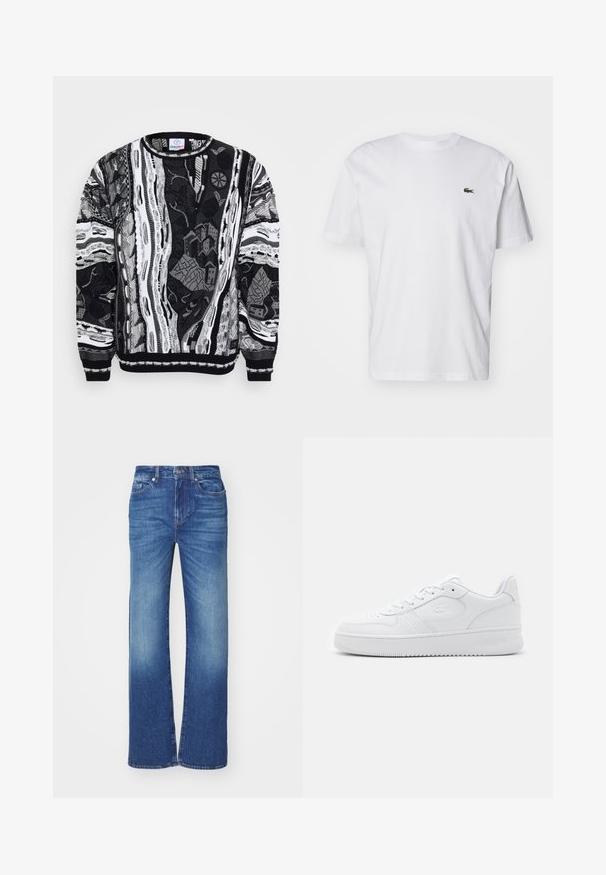 Mustavalkoinen neulepaita, jossa on monimutkaisia kuvioita, kaupunkimaisemia ja abstrakteja muotoja. Neulottu pinta, jossa on ribbireunukset hihoissa ja kaula-aukossa.; Valkoinen puuvillainen T-paita, jossa on pyöreä kaula-aukko, lyhyet hihat ja pieni vihreä brodeerattu logo rinnassa. Klassinen suora leikkaus.; Siniset denim-farkut suoran lahkeen designilla, joissa on haalistunut pesu, viisi taskua ja napilla sekä vetoketjulla suljettava vyötärö.; Valkoinen nahkakengät, joissa on rei'itetty varvasosa, litteät nauhat ja pehmustettu kaulus. Varustettu kohokuvioidulla logolla sivussa ja teksturoidulla kumipohjalla.