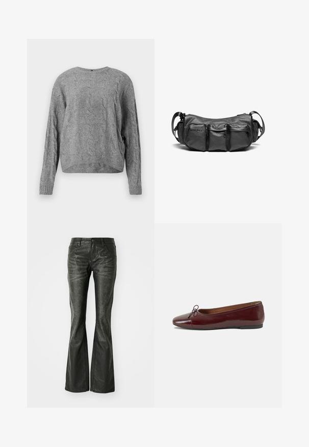 Sivý sveter s pleteným vzorom a okrúhlym výstrihom, dlhými rukávmi a rebrovanými manžetami a lemom. Mäkká textúra a voľný strih.; Čierne faux kožené zvonové džínsy s prednými vreckami, kovovým zapínaním a mierne textúrovaným povrchom. Priamy strih s dlhým strihom.; Burgundské lakované balerínky s okrúhlou špičkou, malou mašľou na prednej strane a nízkou čiernou gumovou podrážkou. Hladký povrch.; Čierna kožená crossbody taška s textúrovaným povrchom. Obsahuje tri vonkajšie vrecká a nastaviteľný popruh. Kompaktný, zaoblený tvar.