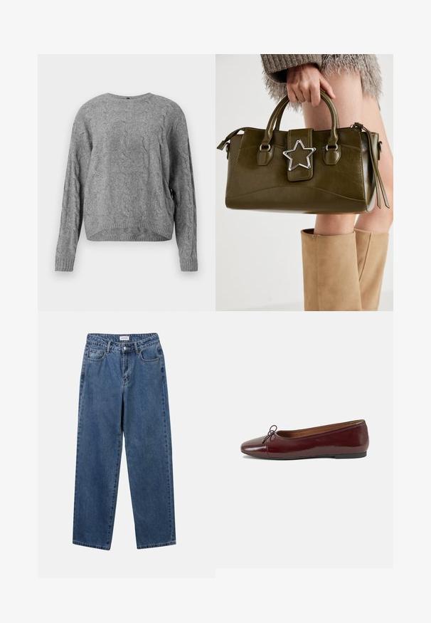 Hallide tooni nööriga kampsun ümmarguse kaelusega, pikad varrukad ja soonikkoes mansetid ning allserv. Pehme tekstuur ja mugav lõike.; Klassikalised sinised denimists teksad otsejalaga disainiga, viie taskuga ja nööbisuletusega. Omab keskmist pesu ja tugevat tekstuuri.; Burgundi patendnahk kingad balletitüüpi, ümmarguse ninaosa, ees väike paelaaktsent ja madal must kummist tald. Sile tekstuur.; Oliivroheline kunstnahast käekott koos hõbedase tähe aktsendiga, kahe käepideme ja luku sulgemisega. Tekstuuriga pind ja struktureeritud kuju.