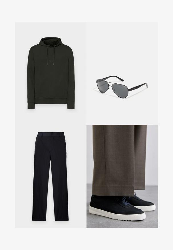 Sudadera con capucha de color verde oscuro, con un bolsillo tipo canguro, cordones y un sutil logotipo en el pecho. Fabricada con una tela suave y texturizada.; Pantalones negros con una tela ligera y texturizada, diseño de pierna recta, cinturilla elástica y bolsillos laterales con cremallera.; Zapatillas de ante negro con suelas de goma blanca, que presentan una puntera redondeada y cordones, llevadas con pantalones grises a medida.; Gafas de sol estilo aviador negras con lentes oscuros, marco de metal delgado y brazos de plástico esbeltos con acentos de logotipo.