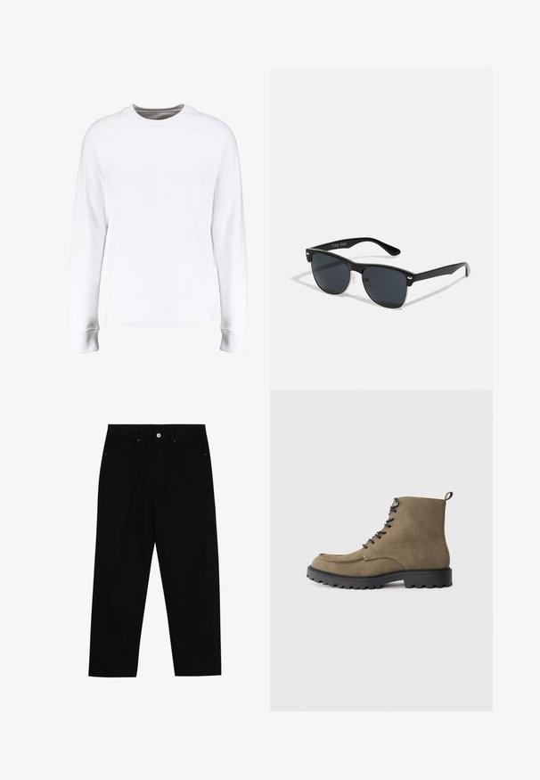Biely sveter s dlhými raglánovými rukávmi, okrúhlym výstrihom, rebrovanými manžetami a spodným lemom, s hladkou textúrou a minimalistickým dizajnom.; Čierne denimmové nohavice s rovný strihom, dizajnom s piatimi vreckami a upínaním na prednej strane. Hladká textúra s minimálnymi detailmi šitia.; Hnedé semišové topánky s čiernou gumovou podrážkou, okrúhlou špičkou, šnurovaním vpredu a kontrastným prešívaním. Obsahujú slučku na päte pre jednoduché obúvanie.; Čierne slnečné okuliare s obdĺžnikovým tvarom, tmavými sklami, striebornými akcentmi na bočných okrajoch a matným povrchom rámu.