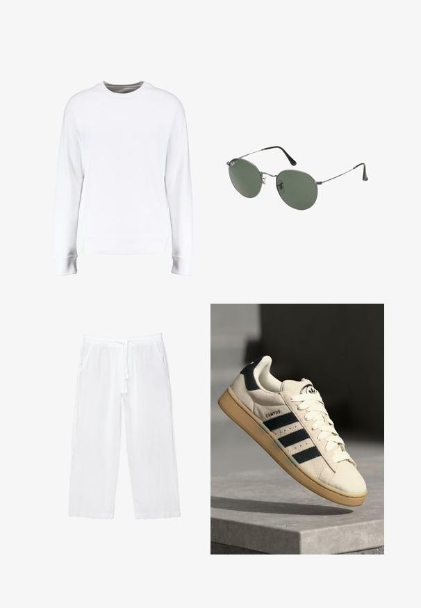 Sweatshirt alb cu mâneci lungi raglan, guler rotund, manșete și tiv rib both, având o textură netedă și un design minimalist.; Pantaloni scurți din in alb, cu talie elastică, șnur și două buzunare laterale. Textură netedă și design ușor pentru confort.; Adidași din suede bej cu trei dungi albastre închise, șireturi albe și o talpă din cauciuc bej. Prezintă un logo pe limba pantofului și textul "CAMPUS".; Ochelari de soare cu ramă metalică, dotati cu lentile ovale verzi. Ramă subțire din metal argintiu și ușițe negre. Design minimalist, fără logo-uri vizibile.