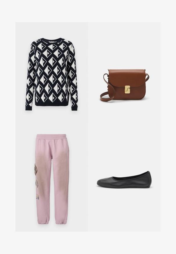 Pletený svetr v námořnické modré a bílé barvě s geometrickým trojúhelníkovým vzorem. Má kulatý výstřih a žebrované manžety a lem.; Bílá tričko s krátkým rukávem vyrobené z žebrované tkaniny. Kulatý výstřih, normální střih a jemné detaily šití. Bez vzorů nebo grafik.; Růžové tepláky s elastickým pasem, které mají dekorativní nášivky ve tvaru diamantů na levé straně a elastické manžety u kotníků.; Černé kožené baletní byty s kulatou špičkou, hladkou texturou, minimálními švy a flexibilním designem podrážky.; Hnědá kožená kabelka s klopou, zlatými kovovými detaily, ramenním popruhem a hladkým povrchem. Kompaktní obdélníkový tvar.