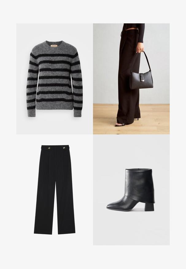 Grauer Pullover mit horizontalen schwarzen Streifen, rundem Ausschnitt, langen Ärmeln und einer weichen, strukturierten Oberfläche. Etikett im inneren Kragen.; Schwarze weite Hosen mit hoher Taille, Knopfdetails am Bund und vorderen Falten.; Schwarze Lederstiefelette mit spitzer Zehenform, glatter Oberfläche und strukturiertem Blockabsatz. Mit einem hohen, gefalteten Schaftdesign.; Schwarze Handtasche mit strukturierter Form, glatter Textur und einem metallischen Verschluss. Kombiniert mit weiten schwarzen Hosen und offenen Sandalen auf einem Holzboden.