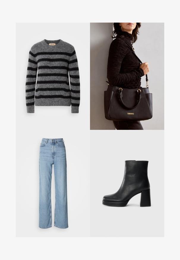 Gray sweater featuring horizontal black stripes, round neck, long sleeves, and a soft, textured finish. Label on the interior neckline.; Light blue high-waisted jeans with a straight leg, made of denim, featuring a front button closure and subtle fading details.; Black leather ankle boot with a block heel and platform sole, viewed from the side on a plain white background.; Black handbag with textured surface, dual top handles, and adjustable shoulder strap. Features gold-tone hardware and side pockets.