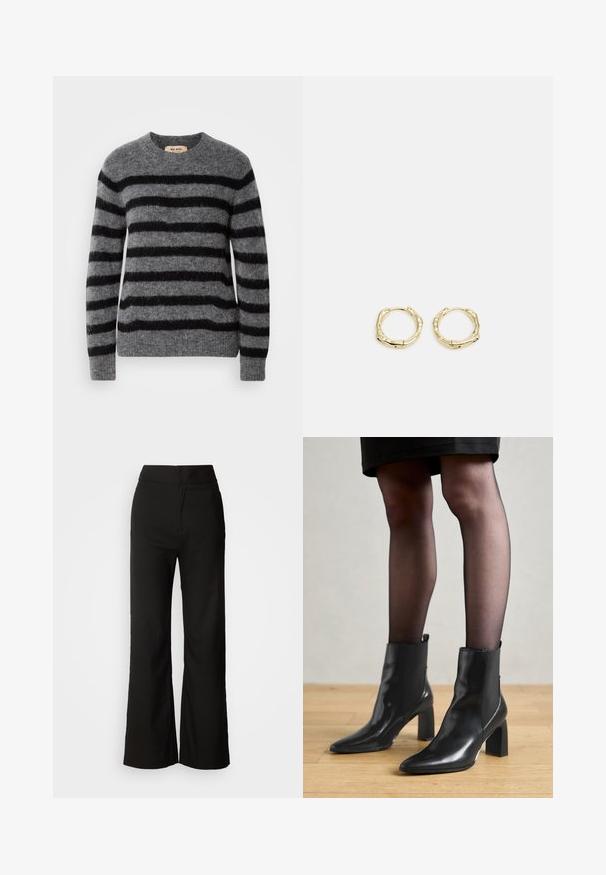 Siva pulover z vodoravnimi črnimi črtami, okroglim izrezom, dolgimi rokavi in mehkobo ter teksturiranim zaključkom. Oznaka na notranji strani ovratnika.; Črne široke hlače z gladko teksturo, visokim pasom in čistim dizajnom. Brez vidnih žepov ali okrasnih elementov.; Črne usnjene gležnjarje s koničastim nosom, masivnim kvadratnim petam in sleek oblikovanjem. Imajo elastične stranske panele za enostavno obuvanje.; Zlate obročaste uhane z teksturirano, nepravilno obliko. Imajo brezšivno zapiranje in poliširano površinsko obdelavo, kar poudarja sodoben dizajn.