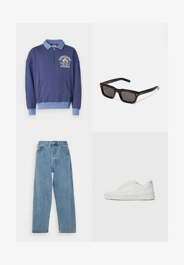 Tengerészkék pulóver, negyed cipzárral, világoskék gallérral, elülső zsebbel és hímzett "ICECREAM 244 CLASSICS" mintával.; Fehér, rövid ujjú felső pamut anyagból, kerek nyakkivágással. Egyszerű dizájn, minta vagy díszítés nélkül. Sima textúra.; Világoskék farmernadrág, magas derekú, laza szabású, két elülső zsebbel, egy hátsó folttal, és gombos záródással.; Fehér bőr sportcipő sima felülettel, kerek orral, lapos fűzőkkel és texturált talppal. Finom logó található a sarokon.; Fekete téglalap alakú napszemüveg sötét lencsékkel, vastag műanyag keret, arany díszítések a szárakon, és a márka logója gravírozva a szára.