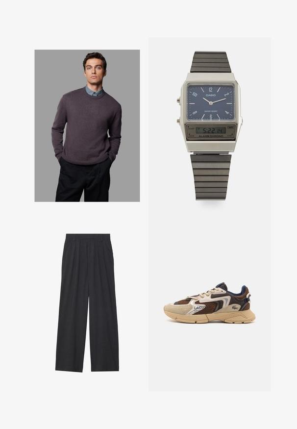 Pulover v temno vijolični barvi, pletena tekstura, okrogla odprtina za vrat, rebrasti manšeti in rob, položen čez svetlo modro srajco z ovratnikom, v kombinaciji s temnimi hlačami.; Široke hlače iz temno sive tkanine. Imajo nabore na pasu, prilagojen dizajn in ravno silhueto.; Bež in rjav športni copat z teksturiranimi mrežastimi paneli, nubukastimi detajli in gumijastim podplatom. Obsegajo zasnovo na vezalke in blagovno znamko.; Casio digitalna ura z modrim številčnikom, srebrnim ohišjem in večplastnim črnim gumijastim trakom. Prikazuje čas in nastavitve alarma. Vodoodporna.