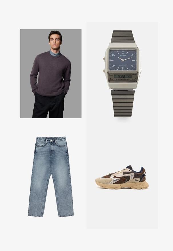 Tamsiai purpurinis megztinis, audinys su mezgimu, apvaliu kaklu, su raukiniais ant rankovių ir apatinės dalies, sluoksniuotas virš šviesiai mėlynos apykaklės marškinėlių, derinamas su tamsiomis kelnėmis.; Šviesiai mėlynos džinsinės kelnės su tiesiu kelnės siluetu, matomomis siūlėmis, penkių kišenių dizainu ir mygtuko uždarymu juosmens srityje.; Bežiniai ir rudi sportbačiai su tekstūruotais tinkliniais intarpais, zomšos akcentais ir guminiais padais. Pasižymi šniriamu dizainu ir prekiniais ženklais.; Casio skaitmeninis laikrodis su mėlynu ciferblatu, sidabriniu korpusu ir sluoksniuota juoda gumine apyranke. Rodo laiką ir budinimo nustatymus. Atsparus vandeniui.