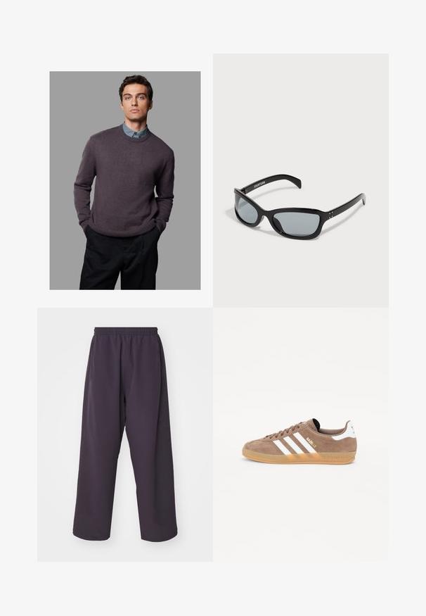 Sweter w kolorze głębokiej purpury, o dzianinowej fakturze, okrągłym dekolcie, z prążkowanymi mankietami i dołem, nałożony na jasnoniebieską koszulę z kołnierzykiem, zestawiony z ciemnymi spodniami.; Fioletowe spodnie sportowe z elastyczną talią, szerokimi nogawkami i siateczkowymi akcentami po bokach. Gładka tekstura z luźnym krojem.; Brązowe zamszowe trampki z trzema białymi paskami, złotym logo "Gazelle" i podeszwa z gumy. Posiadają wyściółkę na języku i pięcie dla komfortu.; Czarne okulary przeciwsłoneczne o smukłym, kanciastym designie. Posiadają szare soczewki i błyszczące plastikowe oprawki. Zawierają małe metalowe akcenty oraz branding na ramieniu.