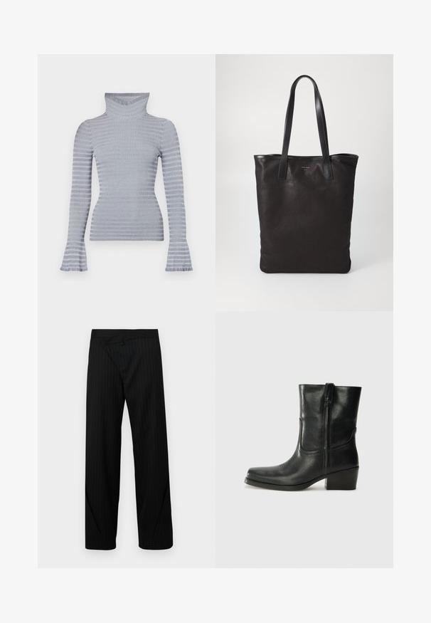 Hele halli ja valge triibuline ribi turtleneck särk, millel on pikad varrukad ja peened laienevad mansetid valge tausta taustal.; Mustade triibulised laiatel pükstel on unikaalne volditud disain vöökoha juures ja sile tekstuur. Omab kohandatud meisterlikkust ja modernseid detaile.; Musta nahast pahkluu saabas ümarate varvastega, plokknäppu, külgsepa ja pealsetel õmblusest aktsentidega. Sile tekstuur, klassikaline disain.; Mustmust kott mustade nahkade käepidemetega. Lihtne disain, avar keha ja sile tekstuur. Pole nähtavaid logosid ega mustreid.