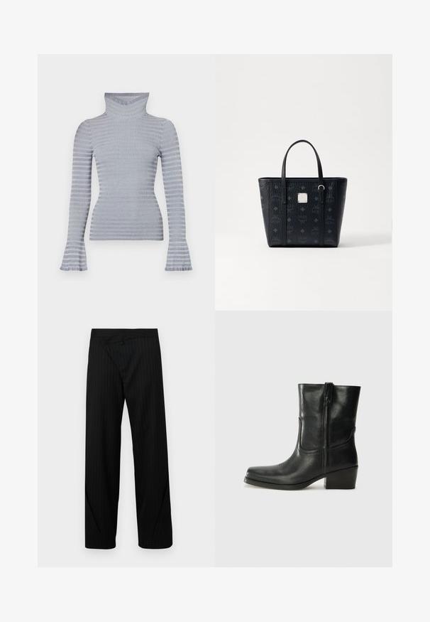 Gai pelēkā un baltā svītrota ribota augstās apkakles džemperis ar garām piedurknēm un nemanāmi izplestiem rokturiem uz baltas fona.; Melni rāvējspēki ar plašām kājām, kas paredzēti ar unikālu salocītu dizainu jostasvietā un gludu tekstūru. Iezīmes aroda meistarība un mūsdienīgs apdares stils.; Melna ādas potīte ar noapaļotu purngalu, bloku papēdi, sānu rāvējslēdzēju un šuvju akcentiem uz virsmas. Gluda tekstūra, klasiskā dizaina.; Melnas ādas rokassomas ar teksturētu apdari, kas aprīkota ar divām rokturiem un kvadrātu formas logotipa akcentu. Monogrammu raksts klāj ārējo daļu.