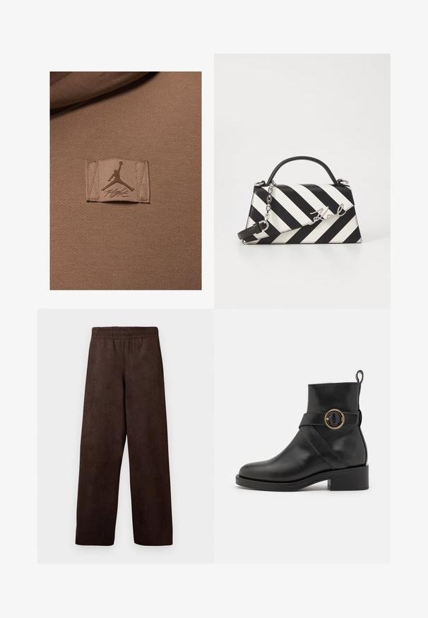 Jordan - Bluza z kapturem; Brązowe, szerokie spodnie wykonane z miękkiego, zamszowego materiału, z elastycznym paskiem w talii i bez kieszeni. Prosty fason, gładka tekstura.; BOSS IRYNA czarny; Czarna i biała torebka w paski o strukturalnym kształcie, z górnym uchwytem, odpinanym łańcuszkiem oraz metalicznym akcentem z logo.