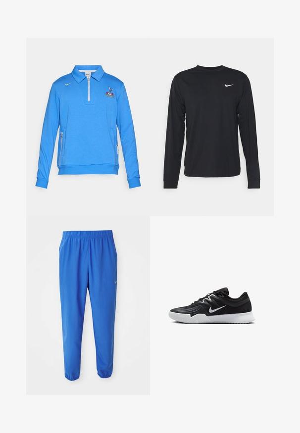 Blauwe pullover sweatshirts gemaakt van zacht materiaal, met een ritskraag, geborduurd logo op de borst en zijrits zakken.; Zwarte langelijfshirt van gladde stof, met een ronde halslijn en een klein wit Nike-logo op de bovenkant van de linker borst.; Blauwe sportieve broek met elastische tailleband, recht gesneden pijpen en taps toelopende boorden. Bevat het Nike-logo in het goud aan de linkerzijde.; Zwarte sportieve schoen met een gestructureerde bovenkant, witte Nike swoosh en een witte rubberen zool. Beschikt over een veterontwerp en een dynamische vorm.