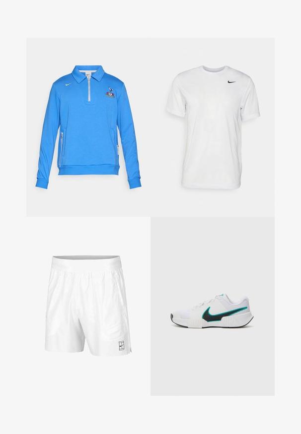 Modrý pulóver so zipsom vyrobený z mäkkého materiálu, so zipsovým golierom, vyšitým logom na hrudi a bočnými vreckami na zips.; Biela krátka tričko s krátkymi rukávmi vyrobené z hladkej látky. Má okrúhly výstrih a malé čierne logo Nike na ľavej hrudi.; Biele športové šortky z ľahkej tkaniny s elastickým pásom, obsahujúce dve bočné vrecká a malé čierne logo na leme.; Biele športové tenisky s textúrovaným sieťovaným zvrškom, čiernou gumovou podrážkou a akcentom teal loga Nike. Obsahujú šnúrky a vypolstrovaný golier.