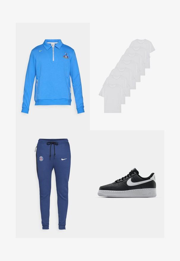 Sinine pullover särk, mis on valmistatud pehmest materjalist, varrukateta, millel on tõmblukuga krae, tikandiga logo rinnal ja külgtaskud tõmbluku sulgemisega.; Valge puuvillane T-särk, lühikeste varrukatega, ümar neel, ühtlane tekstuur, reastatud kuhjale, kaeluses peene brändinguga.; Sinised sportlikud treeningpüksid paelaga vööl, külgmiste lukuga taskutega, mustade detailide ja logo'dega: PSG embleem ja Nike'i sving.; Must musta sneaker tekstureeritud pinnaga, valge Nike logo, hall tald, ümar varv ja paeltega disain. Omab perforatsioone varbakasti peal.