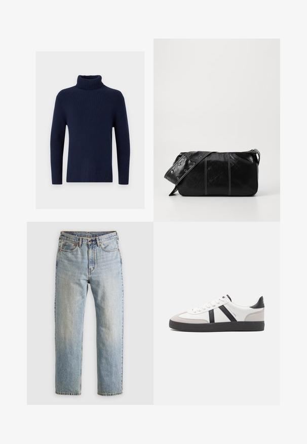 Maglione a collo alto di un blu navy realizzato in tessuto a costine. Presenta maniche lunghe e un colletto aderente. Texture liscia, adornamenti minimi.; Jeans in denim azzurro chiaro con vita alta, bottone anteriore, cerniera e design a cinque tasche, adagiati su uno sfondo neutro.; Sneaker bianco con accenti neri e grigi, dotata di una punta grigia testurizzata, suola in gomma nera e lacci bianchi piatti. Design pulito, stile minimalista.; Borsa a spalla in pelle nera con chiusura a zip, caratterizzata da un corpo testurizzato, cuciture bianche e una tracolla con occhielli in argento.