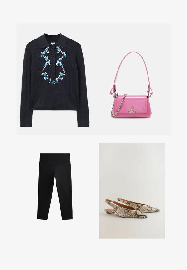 Marineblauer, gerippter Pullover mit langen Ärmeln und Polo-Kragen, Frontknöpfen sowie blauer und weißer Blumenstickerei auf der Brust.; Schwarze Sportleggings mit hohem Taillenbund, glattem Material und figurbetontem Schnitt, designed für Bewegungsfreiheit und Komfort.; Next REGULAR FIT FOREVER COMFORT POINT TOE - Sling-Ballerina - snake; Rosa lackierte Handtasche mit rechteckiger Form, abnehmbarer Kettenriemen und silbernen Hardware-Details auf der Vorderseite.