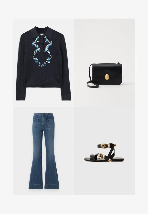 Pull-over en maille côtelée marine à manches longues avec col polo, boutons sur le devant, et broderie florale bleue et blanche sur la poitrine.; Jean évasé bleu à délavage moyen, avec une taille haute, cinq poches, et un léger délavage autour des genoux et des cuisses.; Sandales en cuir noir avec des accents de boucles dorées, présentant plusieurs brides et un design de semelle plate pour un port ouvert.; Sac à main en cuir noir avec une forme rectangulaire structurée. Équipé d'un fermoir ovale doré et d'une fine bandoulière. Texture lisse.