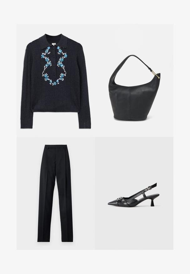 Navy ribbed long-sleeve sweater with polo collar, front buttons, and blue and white floral embroidery on the chest.; Black trousers made from smooth fabric featuring a high waist, wide legs, front pleats, and classic belt loops. No side pockets visible.; Black leather slingback shoe with a pointed toe, decorative straps featuring metal eyelets, and a low block heel. Textured surface.; Black leather handbag with a rounded shape, a wide strap, and a textured finish. Features a subtle seam detail and a gold-tone hardware accent.