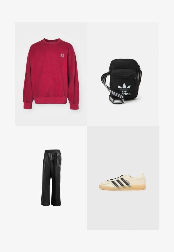 Hanorac roșu din bumbac, cu guler și manșete cu bordură. Dispune de un mic logo pătrat pe pieptul stâng, în partea de sus.; Pantaloni de trening sintetici negri cu talie elastică, având dungi albe pe laturi și un mic logo alb pe şoldul stâng.; Tenis cu crem deschis, cu design cu trei dungi negre, parte superioară texturată, vârf rotund și talpă din cauciuc. Include șireturi și branding pe lateral.; Geantă de umăr din material textil negru, cu închidere cu fermoar, având un logo Adidas alb și o curea ajustabilă cu dungi pentru o transportare ușoară.