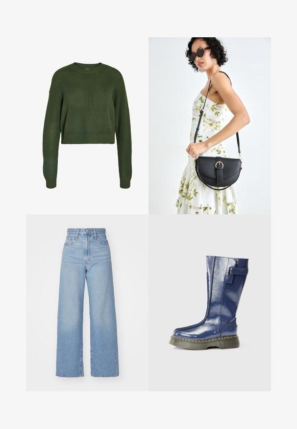 Alyvuogių žaliai trumpa megzta palaidinė su raukiniais, apvaliu kaklu ir ilgomis rankovėmis. Yra laisvas kirpimas ir megztas raštas per visą palaidinę.; Šviesiai mėlynos aukšto liemens plačios kojos džinsai su priekiniais užtrauktukais ir sagom, priekinėmis ir galinėmis kišenėmis, ant baltos fono.; Mėlyna, blizgi iki kelių siekianti batai su apvaliu pirštu, šoniniu užtrauktuku ir vertikaliomis siūlėmis. Turi storą juodą platformą su geltonomis siūlėmis.; Juodas odinis krepšys su išlenkta forma, nuimamu dirželiu ir auksiniais detalėmis. Krepšys turi kilpą su sagtimi.