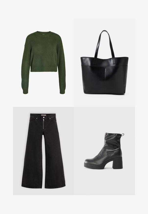 Sweater corto em verde-azeitona com textura em canelado, decote redondo e mangas longas. Apresenta um ajuste descontraído e padrão tricotado por toda a peça.; Calças de ganga de perna larga em denim preto com fecho éclair à frente, design de cinco bolsos e detalhes de costura subtil. Textura suave e estilo casual.; Botas de tornozelo pretas feitas de couro liso, com fecho lateral, salto grosso texturizado e design de bico arredondado.; Bolsa tote preta em couro com duas alças longas, textura suave e forma estruturada. Apresenta um bolso frontal para armazenamento adicional.