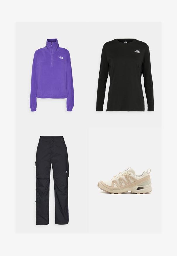 The North Face 100 GLACIER HALF ZIP - Felpa in pile - peak purple; T-shirt nera a maniche lunghe in cotone con colletto rotondo. Presenta un piccolo logo bianco sul lato sinistro del petto. Design semplice e vestibilità comoda.; Pantaloni cargo in nylon nero con zip rimovibile, polsini regolabili, molteplici tasche e un logo sulla gamba destra. Tessuto liscio e leggero.; Scarpa atletica beige e crema con tomaia in mesh testurizzato, sovrapposizioni supportive e suola in gomma con un motivo a tasselli per la trazione.