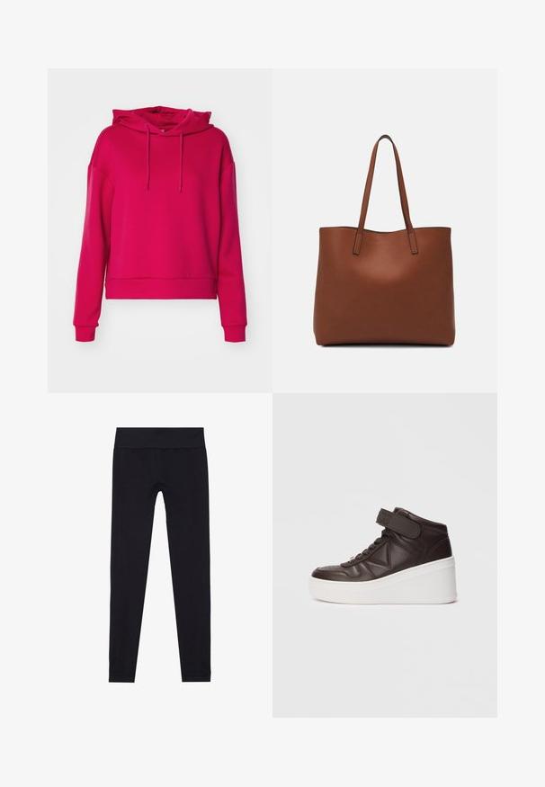 ONLY Play ONPLOUNGE LIFE HOOD - Kapuzenpullover - granita; Schwarze Leggings mit einem breiten, elastischen Bund, aus dehnbarem Stoff, mit einer glatten Textur und passgenauer Form. Keine Muster.; Dunkelbraune High-Top-Sneaker mit dicker, weißer Wedgesohle, Klettverschluss und Schnürsenkeln, seitlich auf einem weißen Hintergrund dargestellt.; Braune Leder-Tote mit glatter Textur, offenem Oberteil und zwei Schulterriemen. Verfügt über minimale Nähte und keine sichtbaren Beschläge.