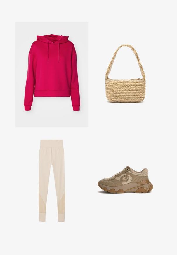 ONLY Play ONPLOUNGE LIFE HOOD - Džemperis ar kapuci - granita; Beidzīgo legingi, izgatavoti no stiepto materiāla, ar plašu jostu un acu akcentiem trīsstūra formā apakšējās kājās.; Beigā un brūnā krāsā piegaršu čības ar sietu un ādas paneļiem, apaļu purngalu, auklu aizdari priekšā un teksturētu zoli, ar apļu logotipu malā.; Aizsietu salmu somiņa gaiši bežā krāsā, ar gludu auduma oderi, ar rāvējslēdzēju un noapaļotu siksnu vieglai nēsāšanai.