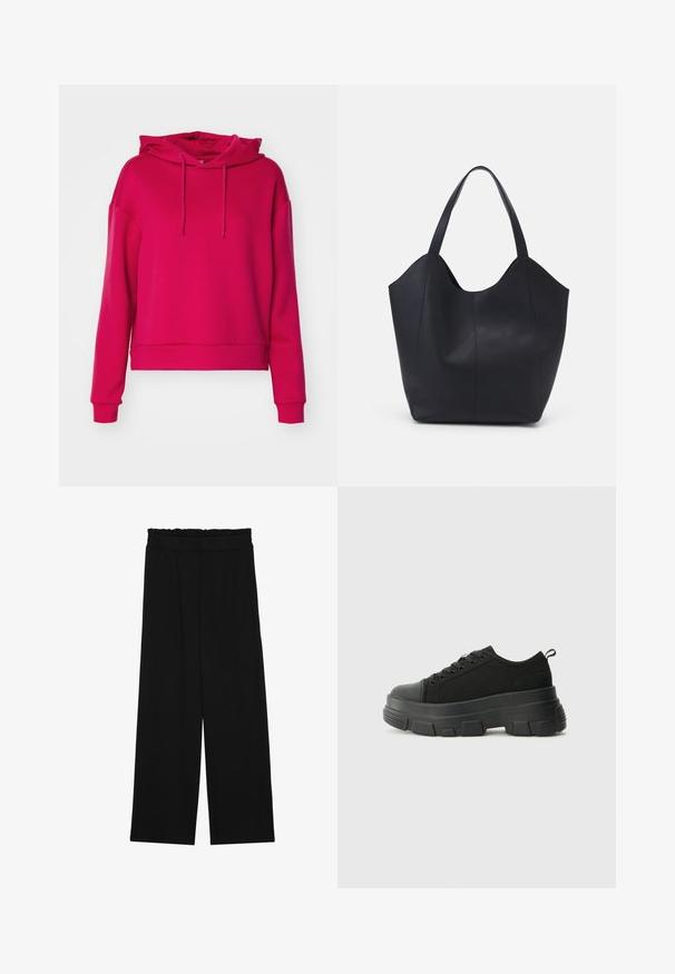 ONLY Play ONPLOUNGE LIFE HOOD - Φούτερ με κουκούλα - granita; Μαύρο παντελόνι με φαρδιά πόδια και ριχτό μέσο, που διαθέτει δύο πλαϊνές τσέπες και ύφασμα απαλό και ελαφρύ. Χωρίς ορατά μοτίβα ή μεταλλικά εξαρτήματα.; Μαύρα αθλητικά παπούτσια με χοντρή καουτσουκένια σόλα, υφασμάτινη υφή στην κορυφή, στρογγυλή μύτη και σχέδιο με κορδόνια. Διαθέτουν ενισχυμένα δαχτυλίδια και λαβή στο πίσω μέρος.; Μαύρη τσάντα tote από λείο δέρμα, με καμπύλη, ανοιχτή κορυφή, δύο ιμάντες ώμου και μινιμαλιστικό σχέδιο.