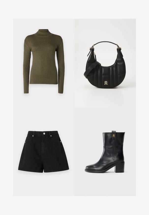 Olive green turtleneck sweater made of ribbed knit fabric, featuring long sleeves and a fitted silhouette with subtle sheen.; Black denim shorts with a high waist, five pockets, silver hardware, and a standard fit, featuring a smooth texture and clean finishing.; Black leather mid-calf boot with block heel and gold "TH" logo on pull tab against white background.; Black leather handbag with a curved shape, quilted texture, and gold hardware. Features a detachable shoulder strap and logo detail.